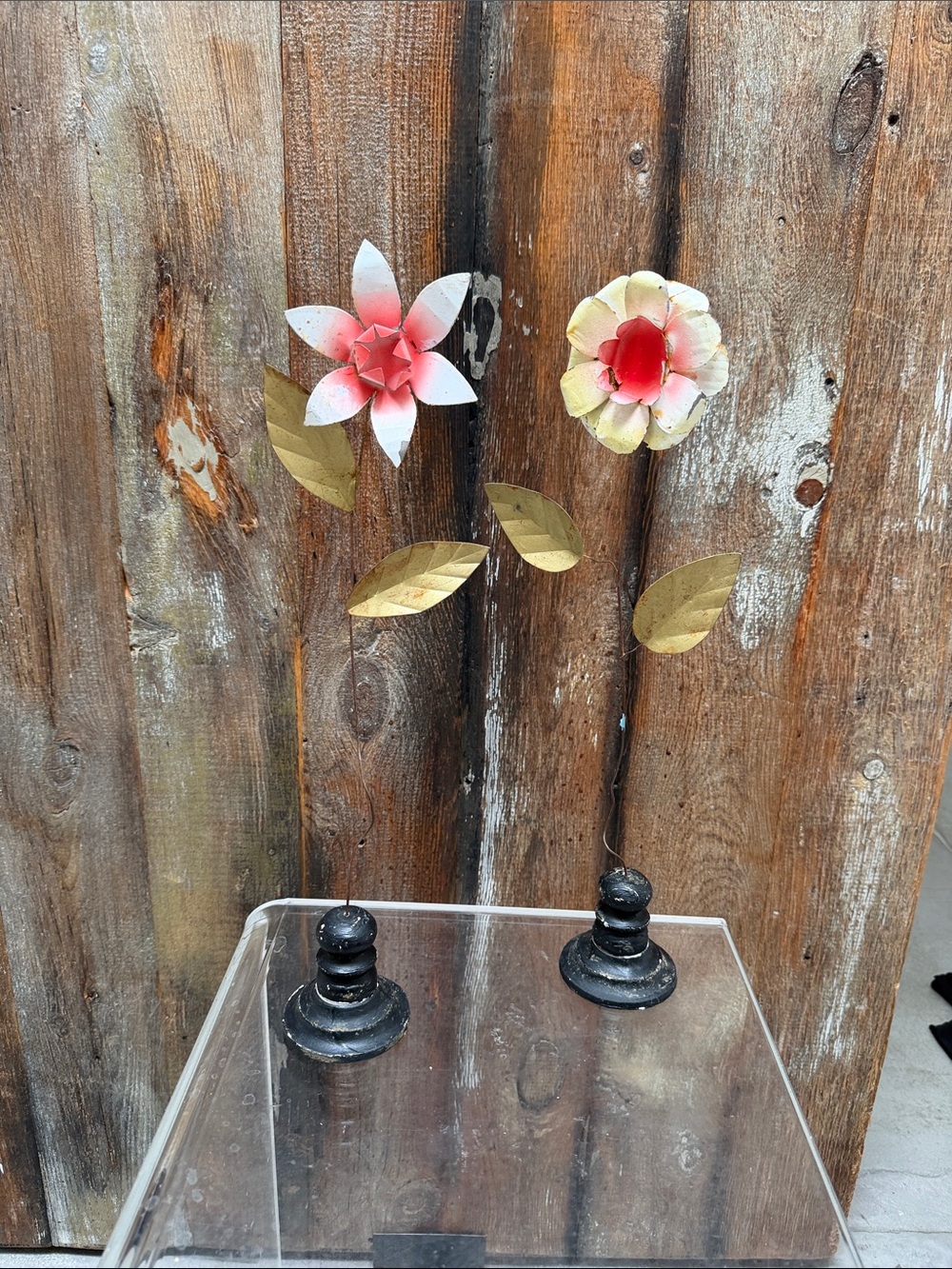 Sold out Anthropologie Pink & Cream Metal Flower Sculptures with Gold Leaves
